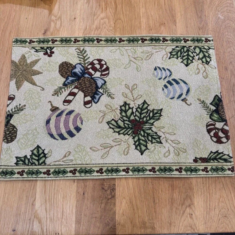 Vintage Christmas Tapestry Placemats Set of 4 Holly Candy Cane Ornament Woven